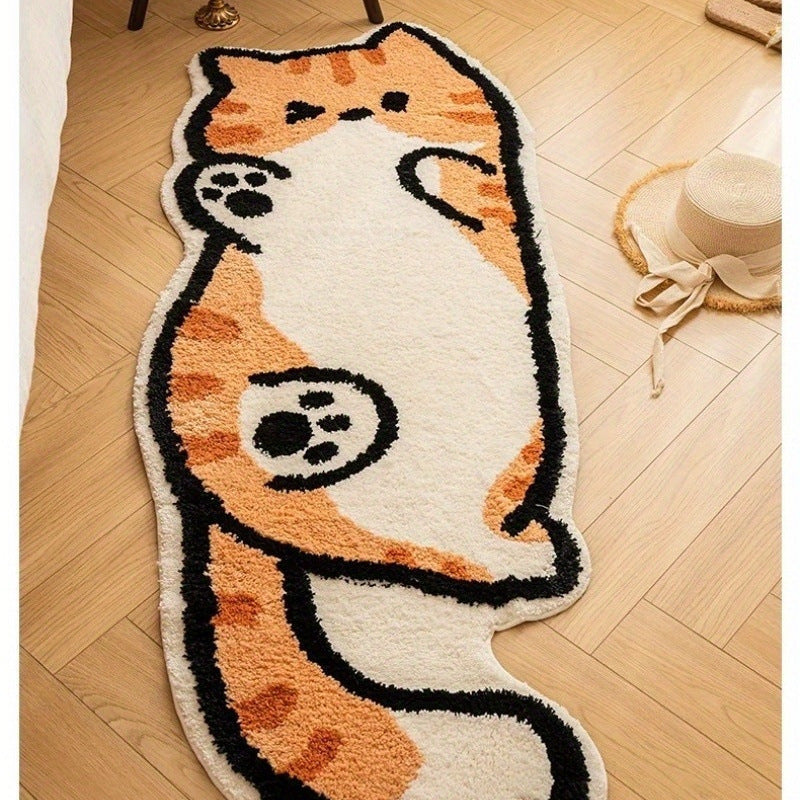 Cartoon Kitten Faux Cashmere Floor Mat for Home, Long Strip Bedroom Bedside Rug, Sofa Coffee Table Rug