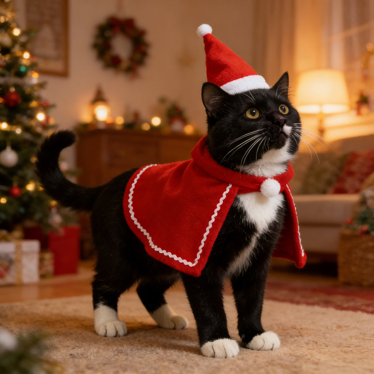 New Year Festive Cape Christmas Style Cat Cloak Hat Set Small Dog Autumn Winter Warm Shawl
