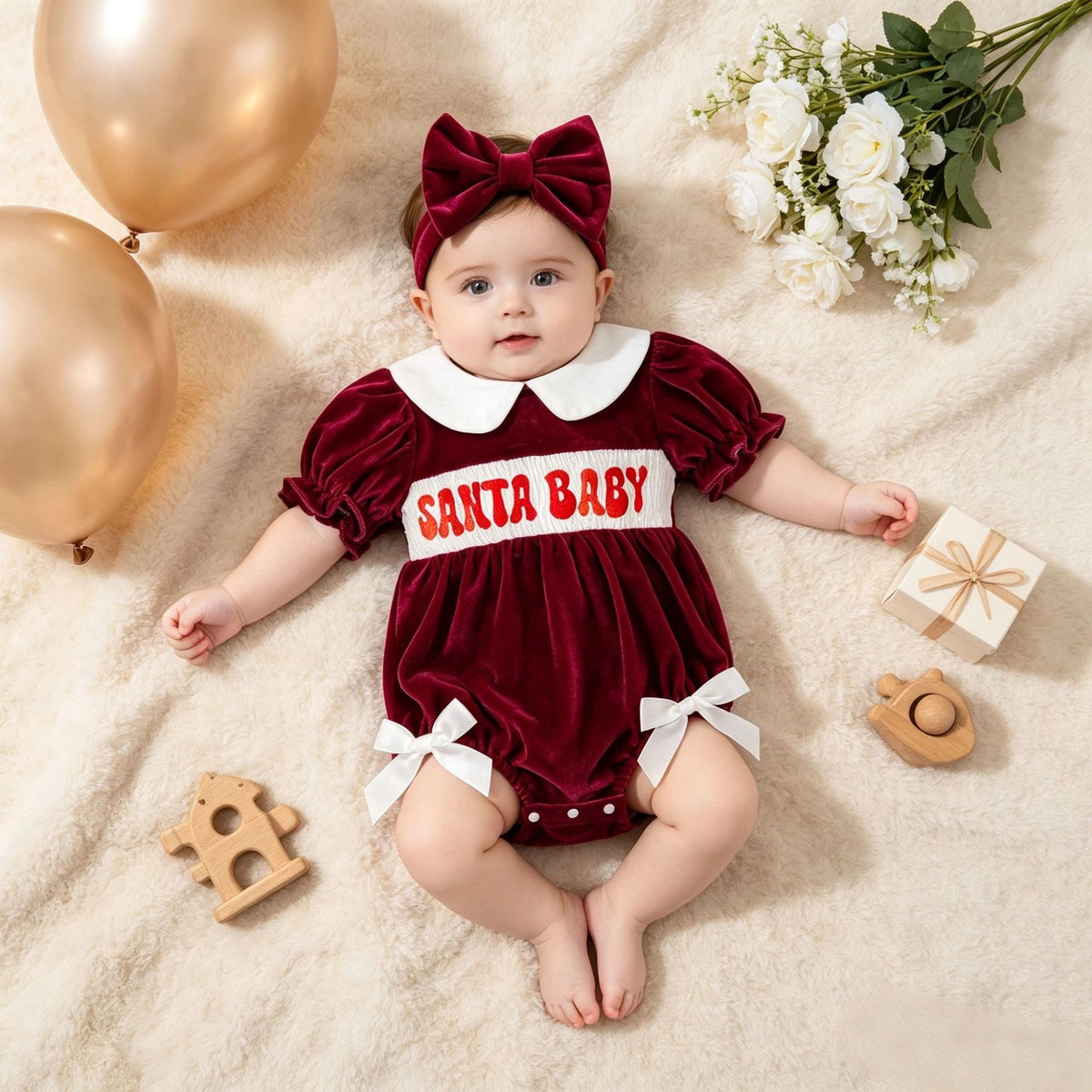 Baby Girl's Christmas Red Velvet Romper With Letter Embroidery + Bow Hair Accessory