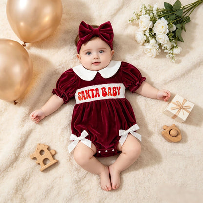 Baby Girl's Christmas Red Velvet Romper With Letter Embroidery + Bow Hair Accessory