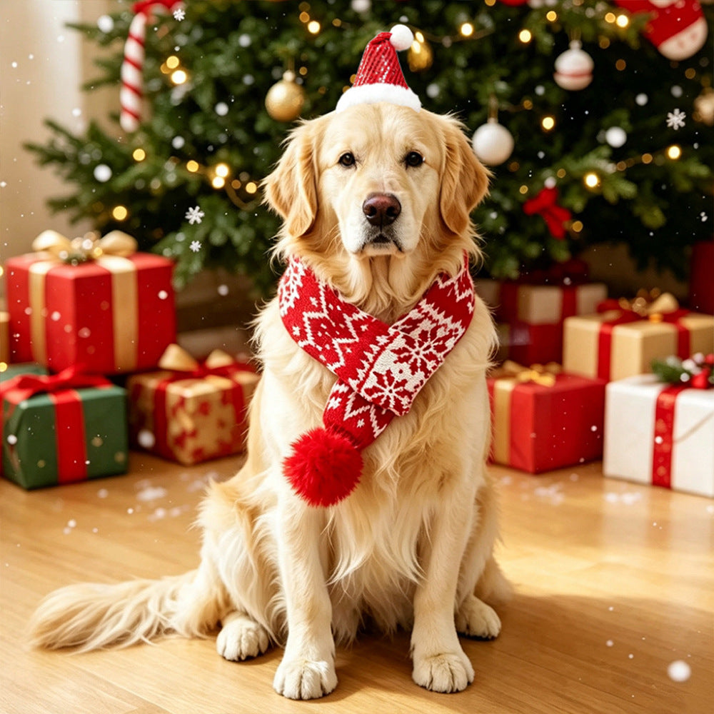 Cat Christmas Outfits Pet Christmas Scarf for Medium and Large Dogs Christmas Hat Warm Dress-Up Dog Collar