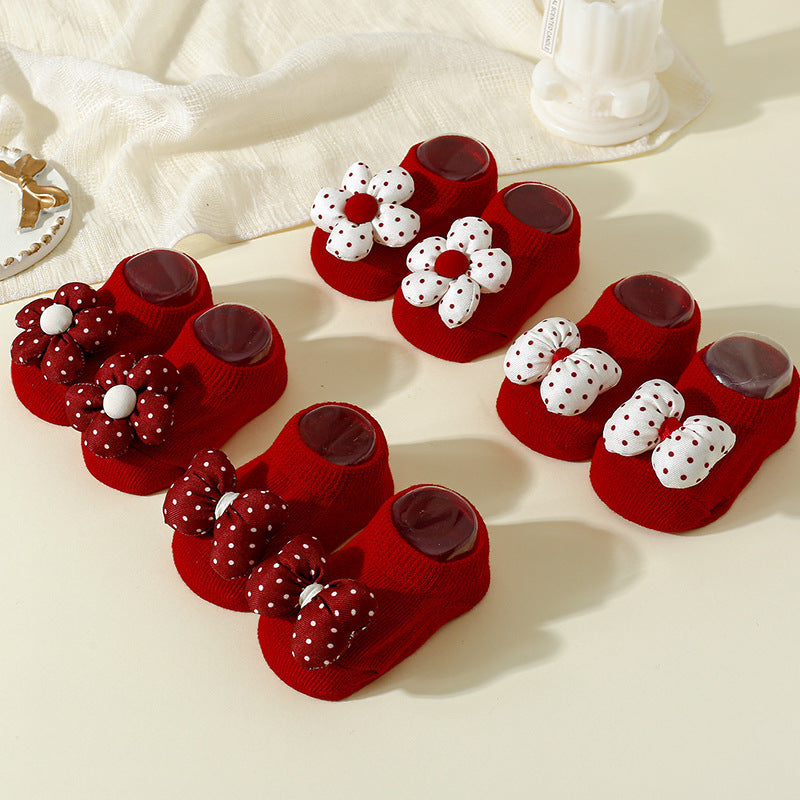 New Year Christmas Flower Bow One-year-old Socks Boat Socks Red Baby Socks