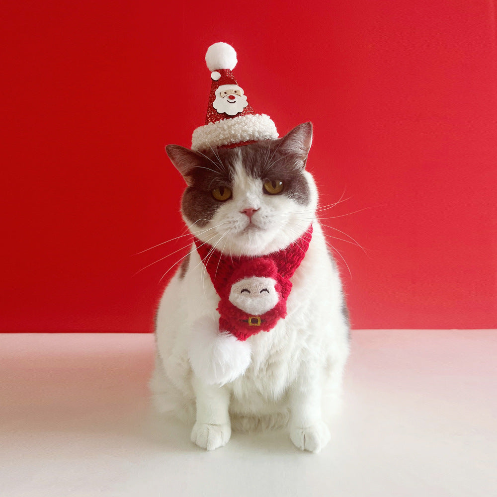 Pet Christmas suit Cat Scarf Headwear Scarf Medium and Small Dog Knitted Wool Hanging Hair Ball Elk