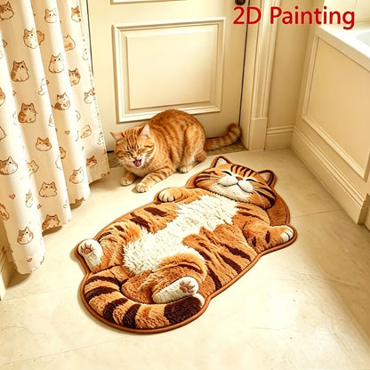 Cartoon Cat Imitation Cashmere Floor Mat 2D Painting, Cute Cat Lover Gift Home Decor