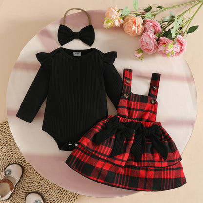 Newborn Baby Girl Spring & Fall Style Flying Sleeves Long-Sleeved Plaid Skirt Hair Accessories 3-Piece Set