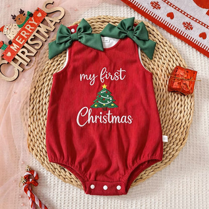 Infant Christmas Romper Sleeveless Ribbed Bodysuit with Bow, Santa Claus and Christmas Tree Embroidery for Newborns