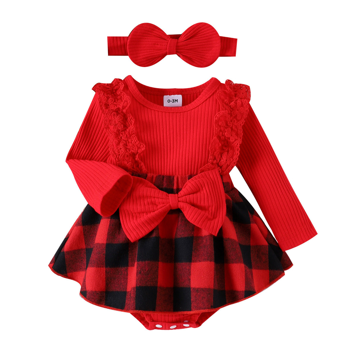 Autumn and Winter Children's Clothing Lace-Trimmed Girls' Patchwork Triangle-Style Ribbed Romper Plaid Jumpsuit Christmas Set
