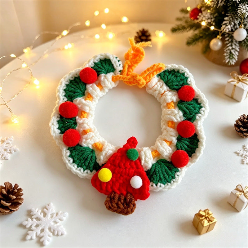 Cat and Dog Triangular Christmas Bib, Neck Scarf, Hat Set, Pet Holiday Bell Christmas Scarf