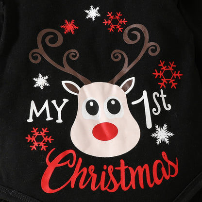 Baby Christmas Four-Piece Long Sleeve Letter Deer Head Triangle Romper + Plaid Shorts + Pants Set + Headscarf