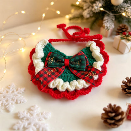 Cat and Dog Triangular Christmas Bib, Neck Scarf, Hat Set, Pet Holiday Bell Christmas Scarf