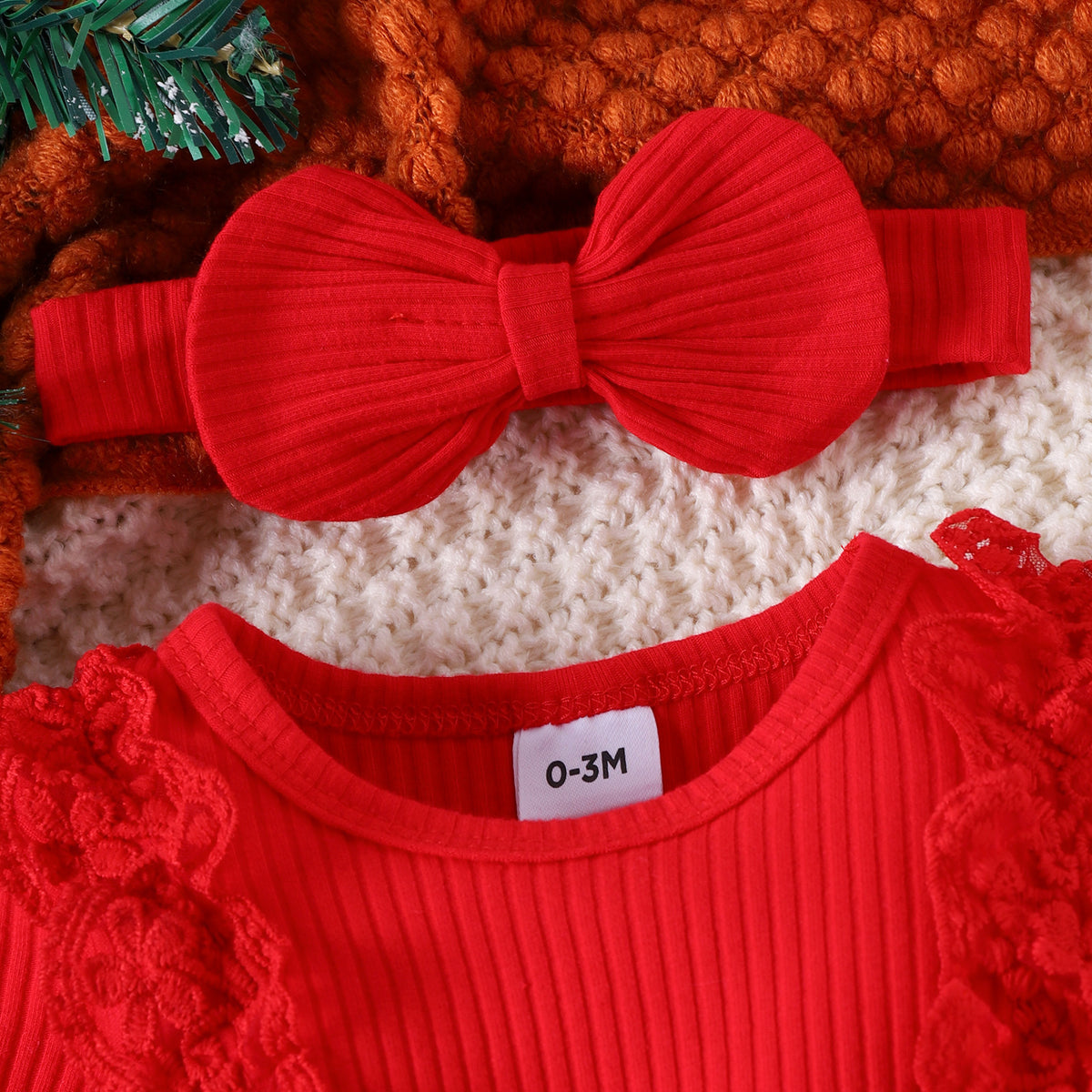 Autumn and Winter Children's Clothing Lace-Trimmed Girls' Patchwork Triangle-Style Ribbed Romper Plaid Jumpsuit Christmas Set