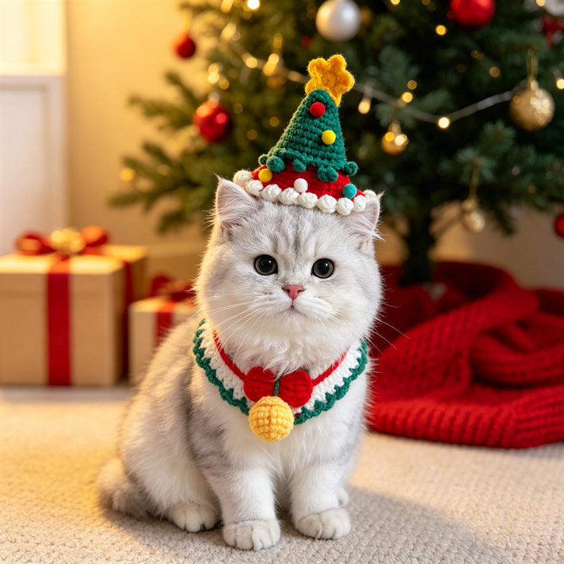 Cat and Dog Triangular Christmas Bib, Neck Scarf, Hat Set, Pet Holiday Bell Christmas Scarf