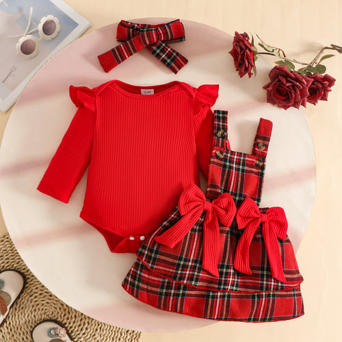 Newborn Baby Girl Spring & Fall Style Flying Sleeves Long-Sleeved Plaid Skirt Hair Accessories 3-Piece Set