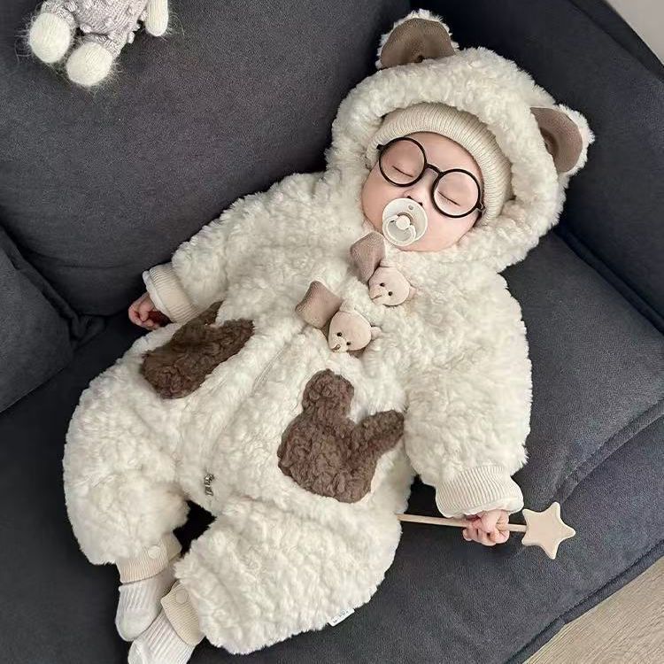 Hooded Baby Jumpsuit – Soft Rabbit Fleece One-Piece Outfit for 0–2 Years