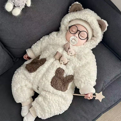 Hooded Baby Jumpsuit – Soft Rabbit Fleece One-Piece Outfit for 0–2 Years