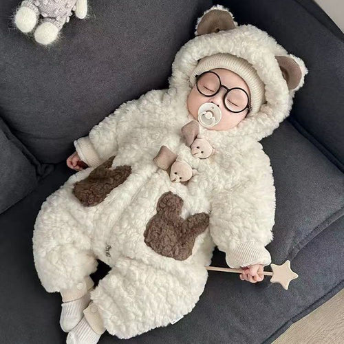 Hooded Baby Jumpsuit – Soft Rabbit Fleece One-Piece Outfit for 0–2 Years