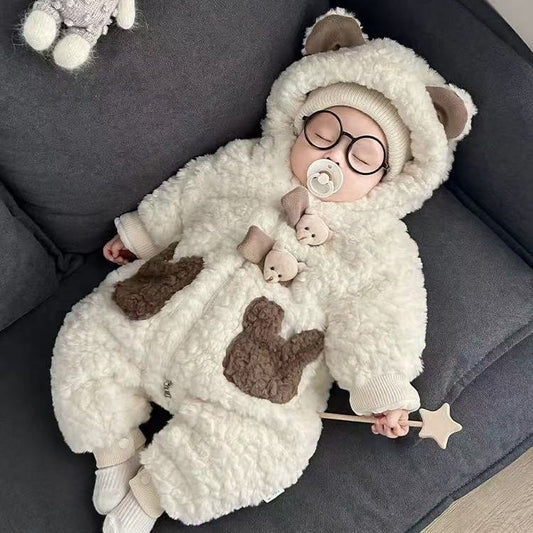 Hooded Baby Jumpsuit – Soft Rabbit Fleece One-Piece Outfit for 0–2 Years