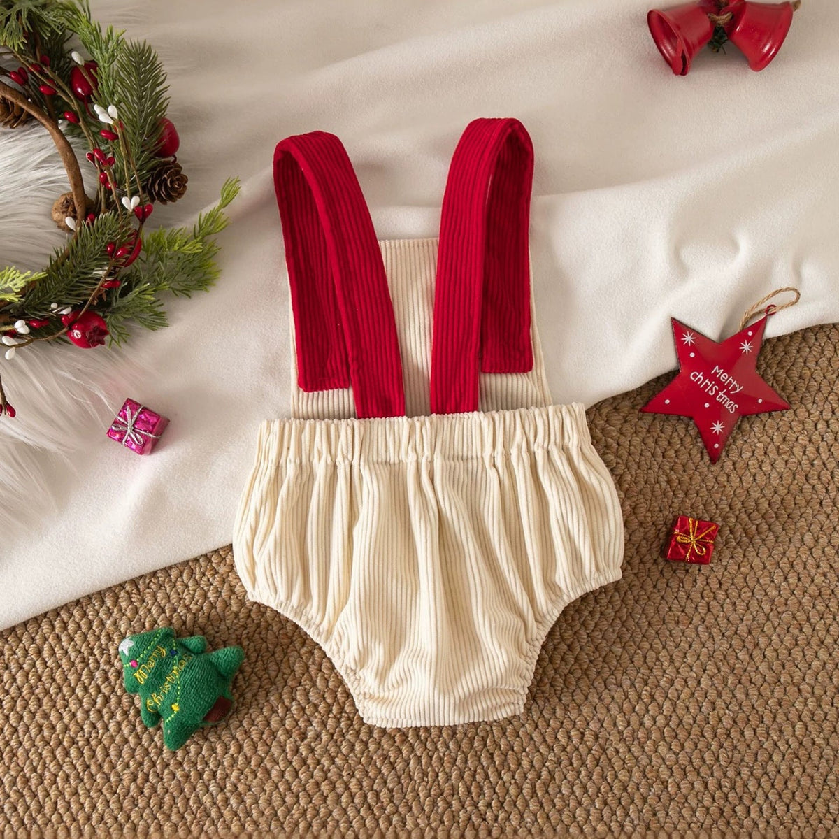 Christmas Corduroy Sleeveless Romper for Baby Girls, Cute Embroidered Baby Jumpsuit