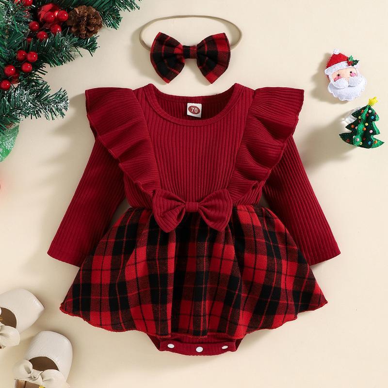 Baby Jumpsuit Spring and Autumn Red Long Sleeve Plaid Bag Fart Skirt Baby Girl Christmas Clothes