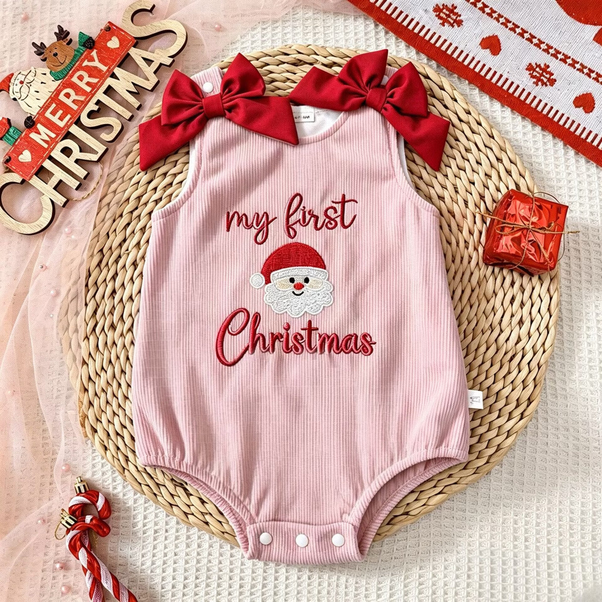 Infant Christmas Romper Sleeveless Ribbed Bodysuit with Bow, Santa Claus and Christmas Tree Embroidery for Newborns
