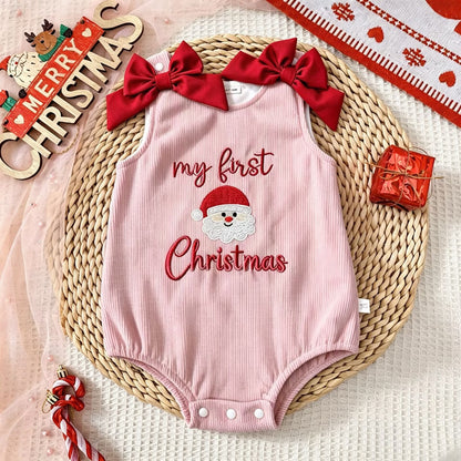 Infant Christmas Romper Sleeveless Ribbed Bodysuit with Bow, Santa Claus and Christmas Tree Embroidery for Newborns