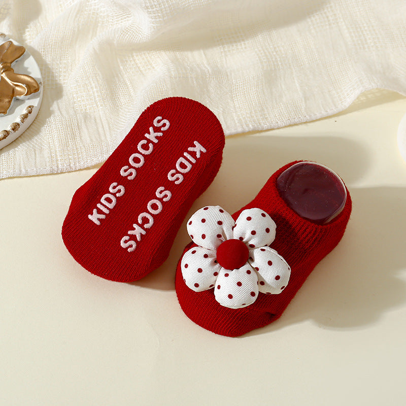 New Year Christmas Flower Bow One-year-old Socks Boat Socks Red Baby Socks
