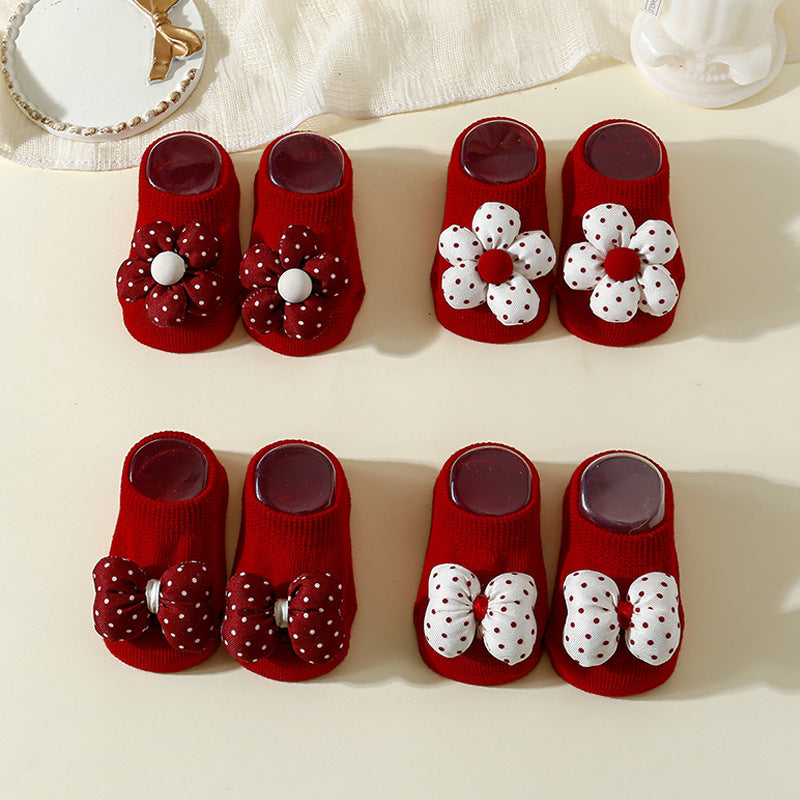 New Year Christmas Flower Bow One-year-old Socks Boat Socks Red Baby Socks