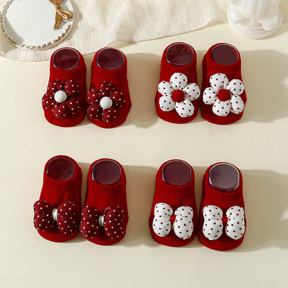 New Year Christmas Flower Bow One-year-old Socks Boat Socks Red Baby Socks