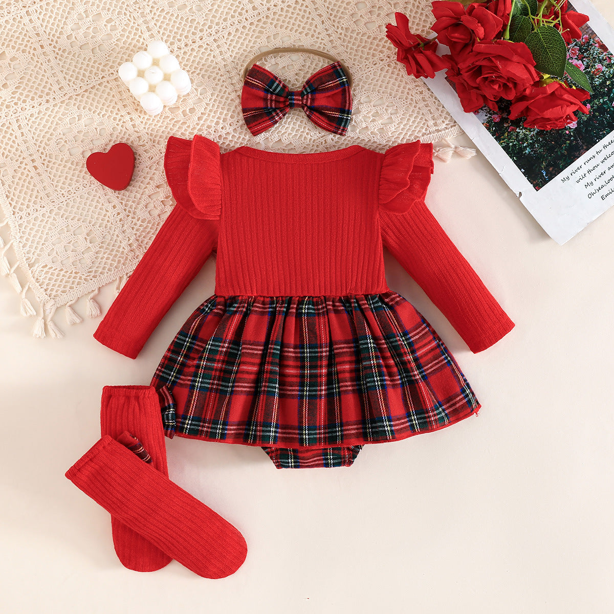 Baby Christmas Clothing for Girls, Plaid Heart Long-Sleeved Jumpsuit