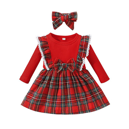 Baby Girls Long-Sleeved Dress Autumn and Winter Children's Christmas Paid Dress Baby Baby Red Skirt A-Line Dress
