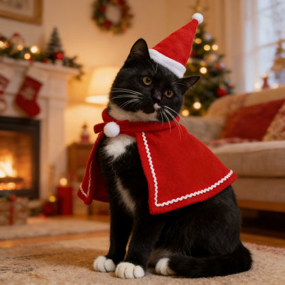 New Year Festive Cape Christmas Style Cat Cloak Hat Set Small Dog Autumn Winter Warm Shawl
