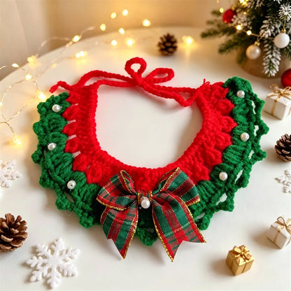 Cat and Dog Triangular Christmas Bib, Neck Scarf, Hat Set, Pet Holiday Bell Christmas Scarf