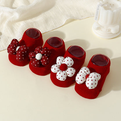 New Year Christmas Flower Bow One-year-old Socks Boat Socks Red Baby Socks