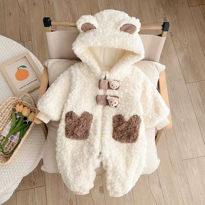 Hooded Baby Jumpsuit – Soft Rabbit Fleece One-Piece Outfit for 0–2 Years