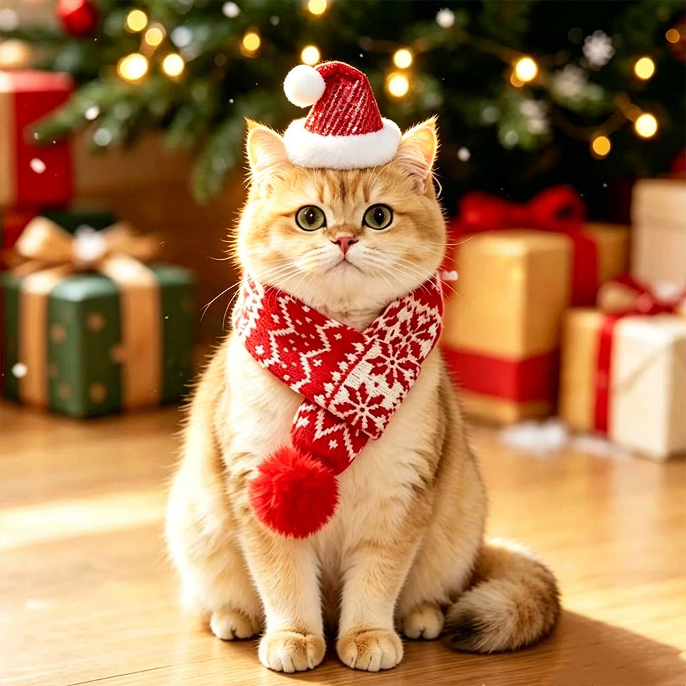Cat Christmas Outfits Pet Christmas Scarf for Medium and Large Dogs Christmas Hat Warm Dress-Up Dog Collar