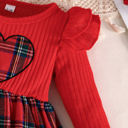 Baby Christmas Clothing for Girls, Plaid Heart Long-Sleeved Jumpsuit