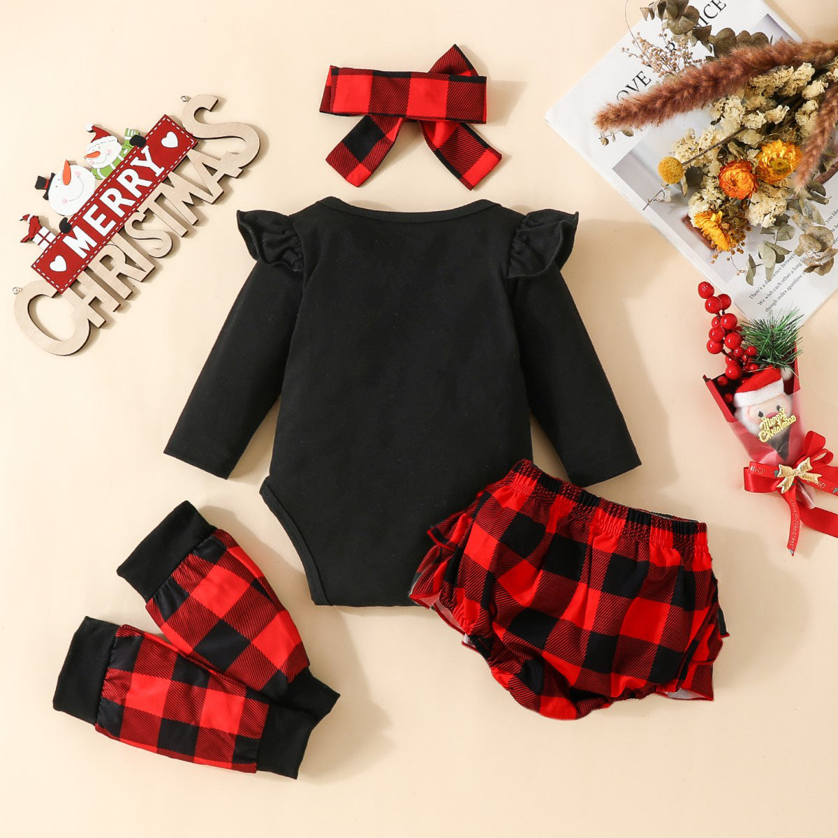 Baby Christmas Four-Piece Long Sleeve Letter Deer Head Triangle Romper + Plaid Shorts + Pants Set + Headscarf