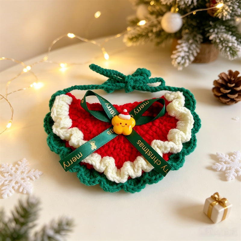 Cat and Dog Triangular Christmas Bib, Neck Scarf, Hat Set, Pet Holiday Bell Christmas Scarf