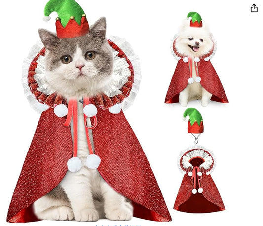 Pet Christmas Hat and Cape, Custome Christmas Pet, Funny Christmas Set for Pet, Pet Lover Christmas Gift
