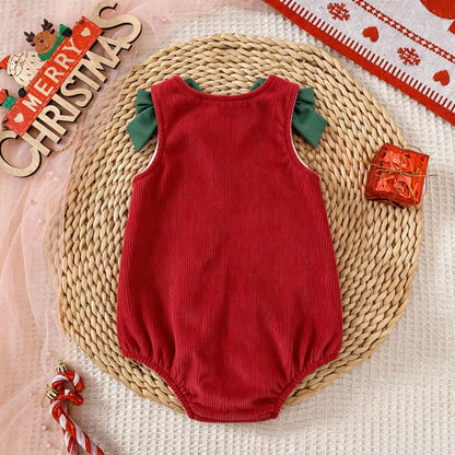 Infant Christmas Romper Sleeveless Ribbed Bodysuit with Bow, Santa Claus and Christmas Tree Embroidery for Newborns