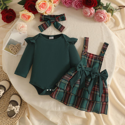 Newborn Baby Girl Spring & Fall Style Flying Sleeves Long-Sleeved Plaid Skirt Hair Accessories 3-Piece Set