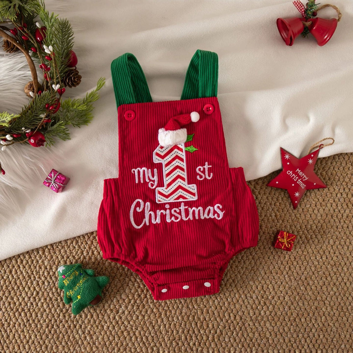 Christmas Corduroy Sleeveless Romper for Baby Girls, Cute Embroidered Baby Jumpsuit
