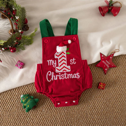 Christmas Corduroy Sleeveless Romper for Baby Girls, Cute Embroidered Baby Jumpsuit