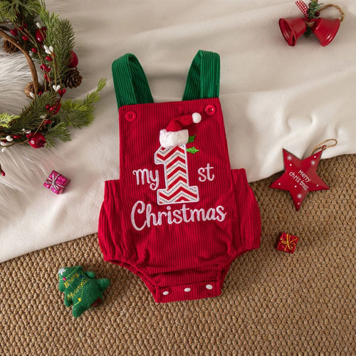 Christmas Corduroy Sleeveless Romper for Baby Girls, Cute Embroidered Baby Jumpsuit