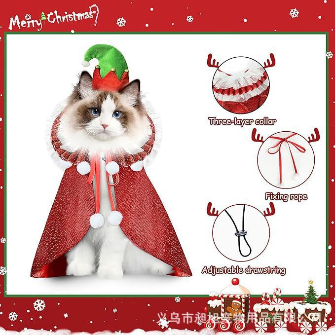 Pet Christmas Hat and Cape, Custome Christmas Pet, Funny Christmas Set for Pet, Pet Lover Christmas Gift