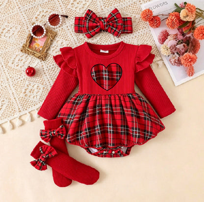 Baby Christmas Clothing for Girls, Plaid Heart Long-Sleeved Jumpsuit