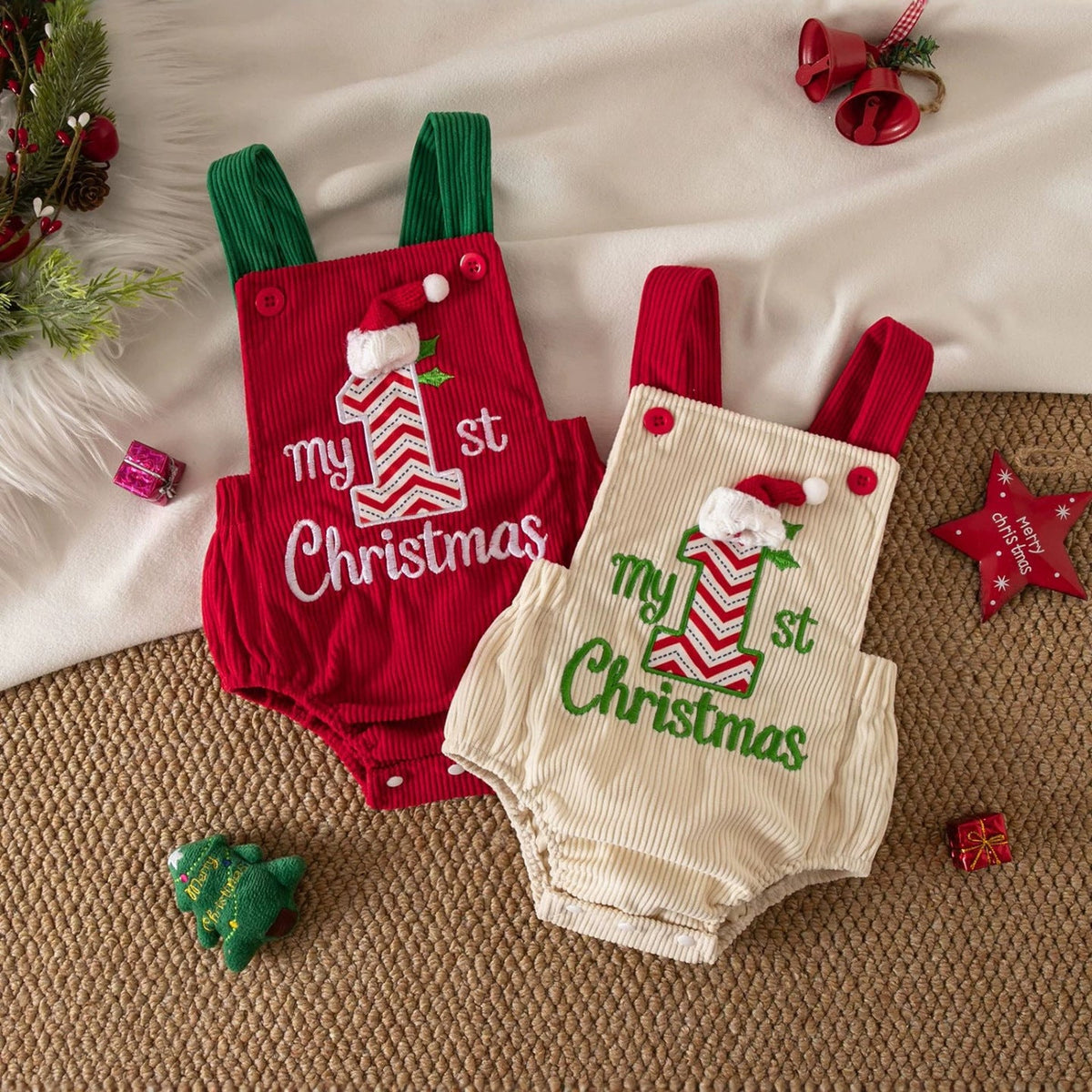 Christmas Corduroy Sleeveless Romper for Baby Girls, Cute Embroidered Baby Jumpsuit