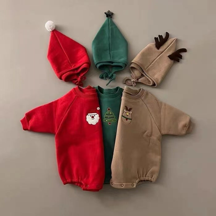 Baby Christmas Outfit for Autumn and Winter, Infant and Toddler One-Piece Fleece-Lined Thickened Romper for Warmth