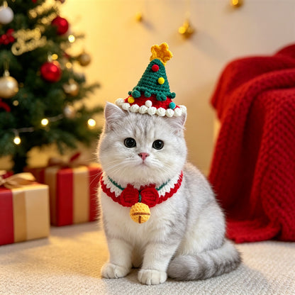Cat and Dog Triangular Christmas Bib, Neck Scarf, Hat Set, Pet Holiday Bell Christmas Scarf