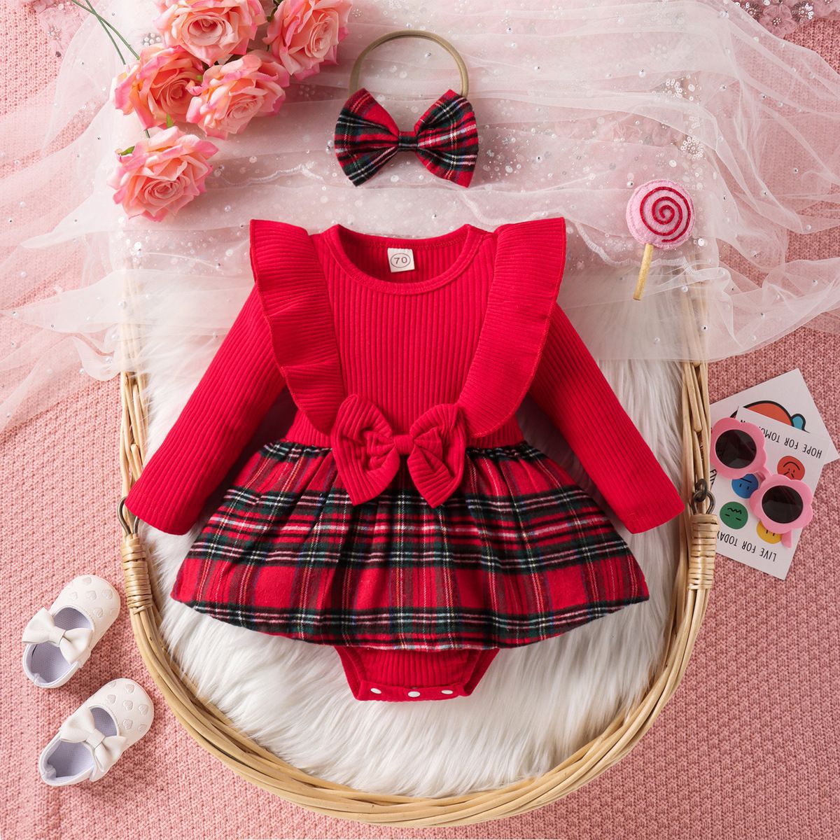 Baby Jumpsuit Spring and Autumn Red Long Sleeve Plaid Bag Fart Skirt Baby Girl Christmas Clothes